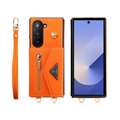 For Samsung Galaxy Z Fold6 POLA Grid Texture Multi-Card Slots Zipper Wallet Phone Case(Orange)