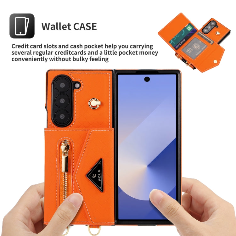 For Samsung Galaxy Z Fold6 POLA Grid Texture Multi-Card Slots Zipper Wallet Phone Case(Orange)