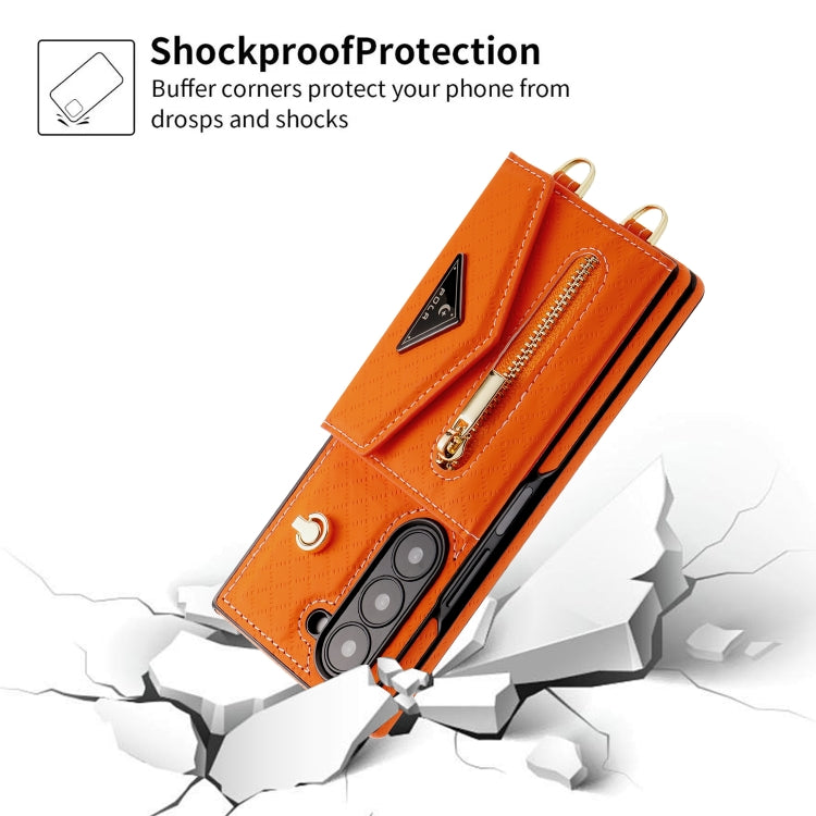 For Samsung Galaxy Z Fold6 POLA Grid Texture Multi-Card Slots Zipper Wallet Phone Case(Orange)