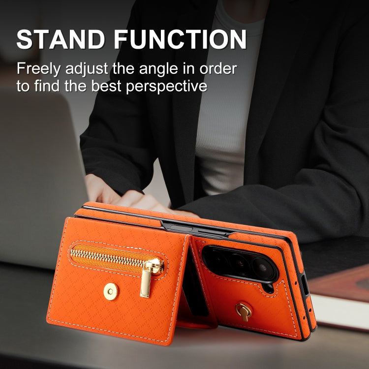 For Samsung Galaxy Z Fold6 POLA Grid Texture Multi-Card Slots Zipper Wallet Phone Case(Orange)