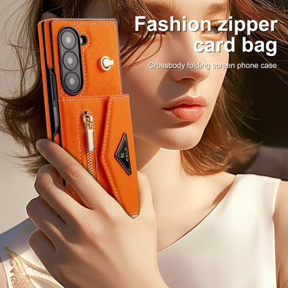 For Samsung Galaxy Z Fold6 POLA Grid Texture Multi-Card Slots Zipper Wallet Phone Case(Orange)