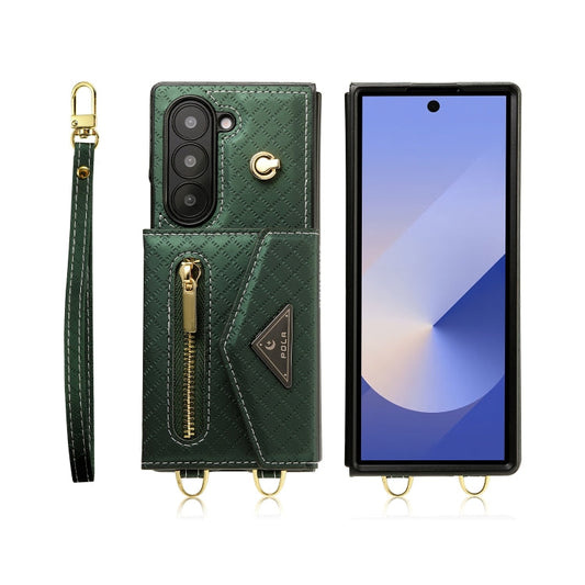 For Samsung Galaxy Z Fold6 POLA Grid Texture Multi-Card Slots Zipper Wallet Phone Case(Green)