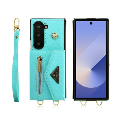 For Samsung Galaxy Z Fold6 POLA Grid Texture Multi-Card Slots Zipper Wallet Phone Case(Blue)