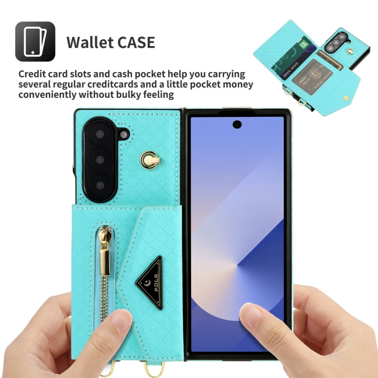 For Samsung Galaxy Z Fold6 POLA Grid Texture Multi-Card Slots Zipper Wallet Phone Case(Blue)