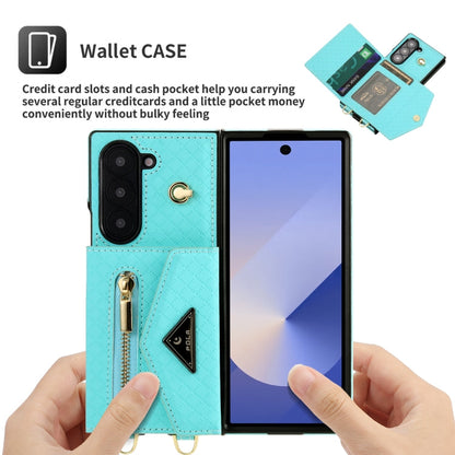 For Samsung Galaxy Z Fold6 POLA Grid Texture Multi-Card Slots Zipper Wallet Phone Case(Blue)
