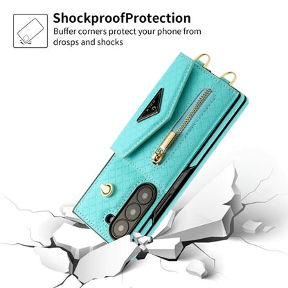 For Samsung Galaxy Z Fold6 POLA Grid Texture Multi-Card Slots Zipper Wallet Phone Case(Blue)