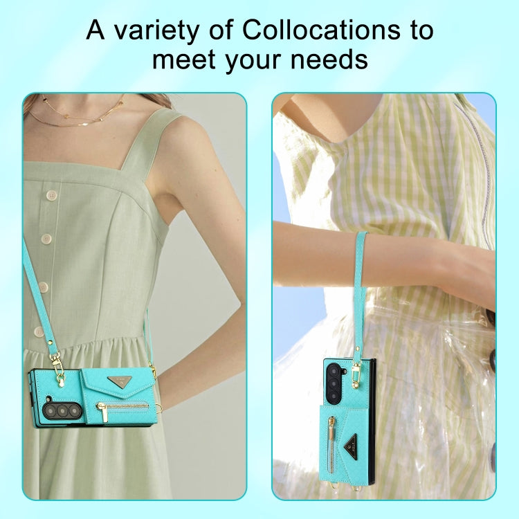 For Samsung Galaxy Z Fold6 POLA Grid Texture Multi-Card Slots Zipper Wallet Phone Case(Blue)