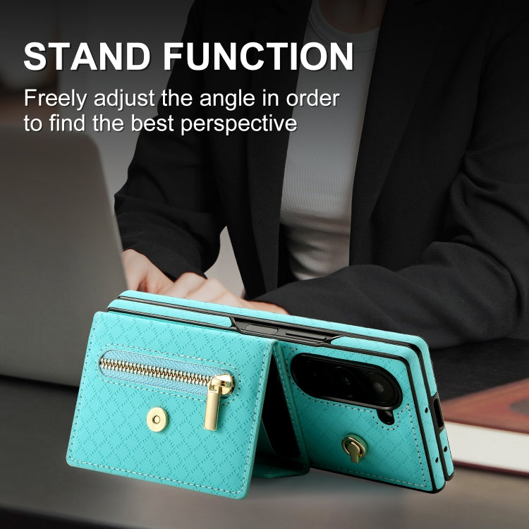 For Samsung Galaxy Z Fold6 POLA Grid Texture Multi-Card Slots Zipper Wallet Phone Case(Blue)