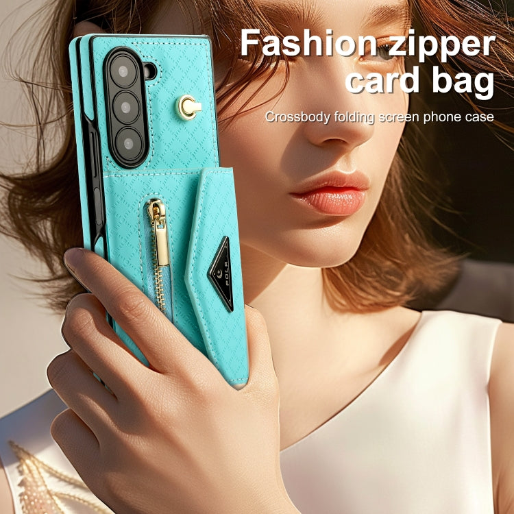 For Samsung Galaxy Z Fold6 POLA Grid Texture Multi-Card Slots Zipper Wallet Phone Case(Blue)