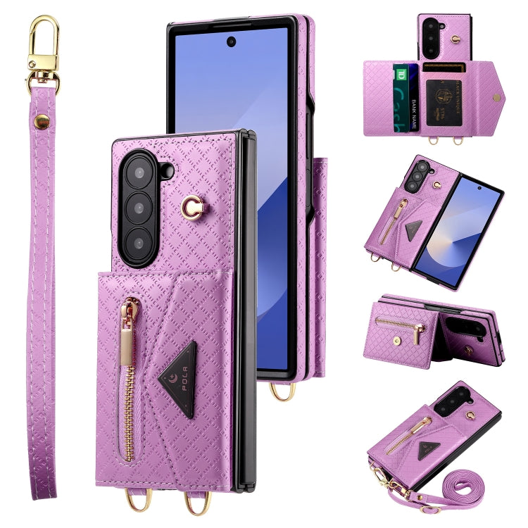 For Samsung Galaxy Z Fold6 POLA Grid Texture Multi-Card Slots Zipper Wallet Phone Case(Purple)