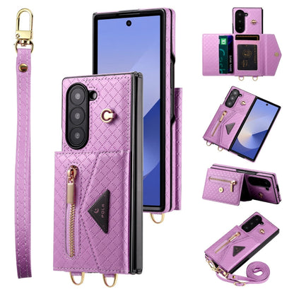 For Samsung Galaxy Z Fold6 POLA Grid Texture Multi-Card Slots Zipper Wallet Phone Case(Purple)