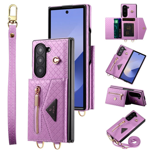 For Samsung Galaxy Z Fold6 POLA Grid Texture Multi-Card Slots Zipper Wallet Phone Case(Purple)