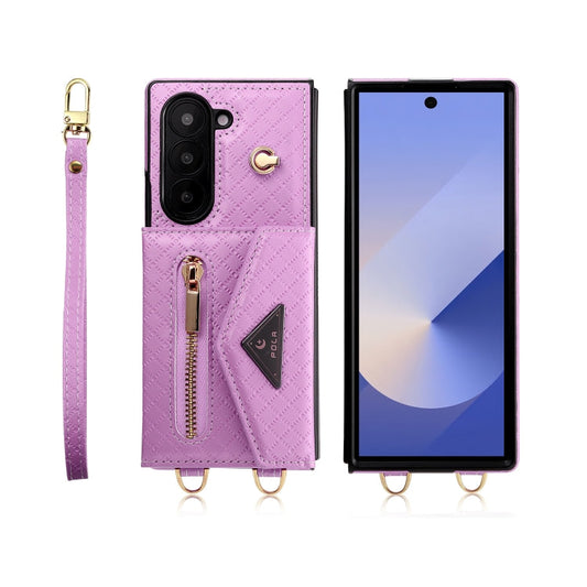 For Samsung Galaxy Z Fold6 POLA Grid Texture Multi-Card Slots Zipper Wallet Phone Case(Purple)