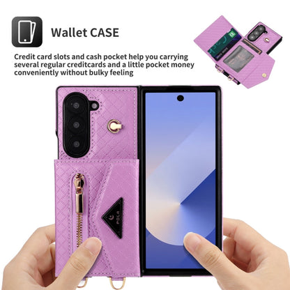For Samsung Galaxy Z Fold6 POLA Grid Texture Multi-Card Slots Zipper Wallet Phone Case(Purple)