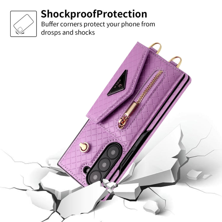 For Samsung Galaxy Z Fold6 POLA Grid Texture Multi-Card Slots Zipper Wallet Phone Case(Purple)