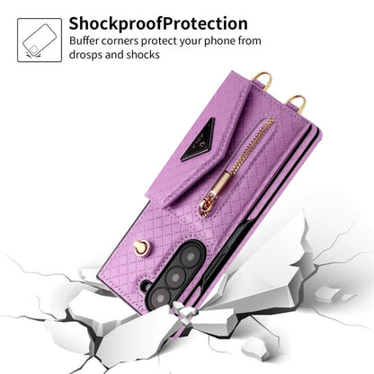 For Samsung Galaxy Z Fold6 POLA Grid Texture Multi-Card Slots Zipper Wallet Phone Case(Purple)