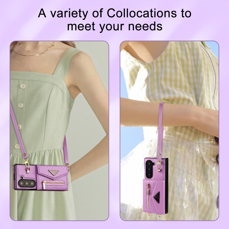 For Samsung Galaxy Z Fold6 POLA Grid Texture Multi-Card Slots Zipper Wallet Phone Case(Purple)
