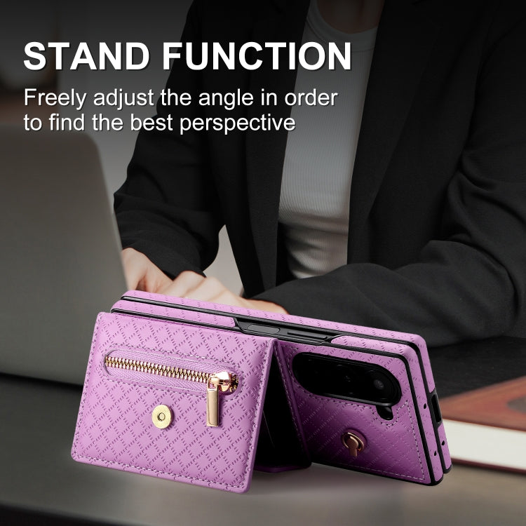 For Samsung Galaxy Z Fold6 POLA Grid Texture Multi-Card Slots Zipper Wallet Phone Case(Purple)