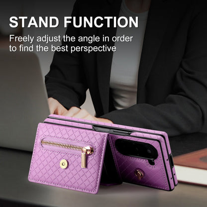 For Samsung Galaxy Z Fold6 POLA Grid Texture Multi-Card Slots Zipper Wallet Phone Case(Purple)