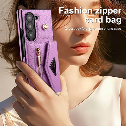 For Samsung Galaxy Z Fold6 POLA Grid Texture Multi-Card Slots Zipper Wallet Phone Case(Purple)