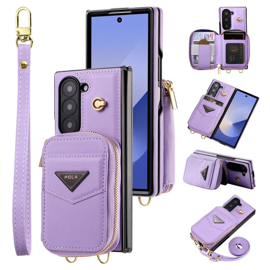 Pour Samsung Galaxy Z Fold6 POLA Coque de Téléphone Portefeuille à Fermeture Éclair Multi-Cartes (Violet)