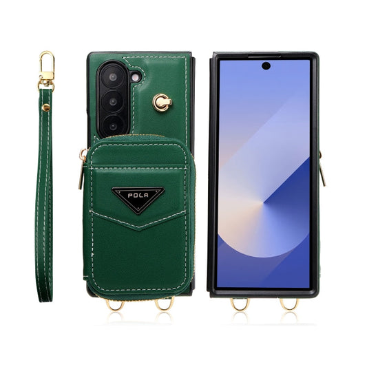 For Samsung Galaxy Z Fold6 POLA Multi-Card Slots Zipper Wallet Phone Case(Green)