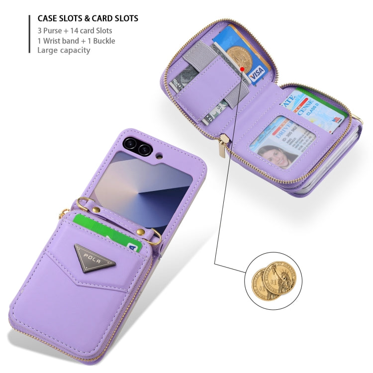 Pour l'étui portefeuille zippé multi-cartes POLA pour Samsung Galaxy Z Flip6 (Violet)