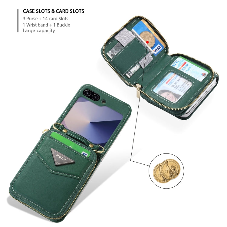 For Samsung Galaxy Z Flip6 POLA Multi-Card Slots Zipper Wallet Phone Case(Green)