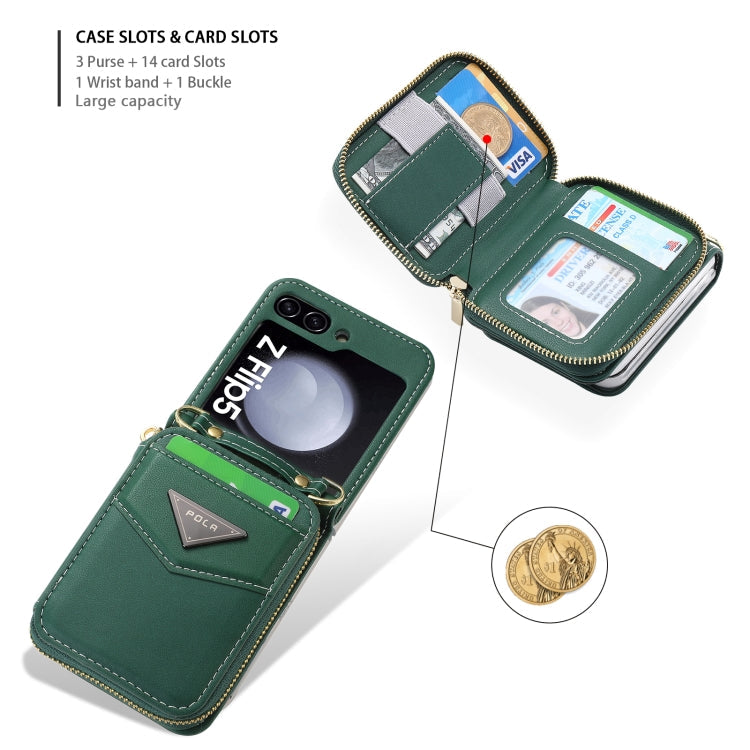 For Samsung Galaxy Z Flip5 POLA Multi-Card Slots Zipper Wallet Phone Case(Green)