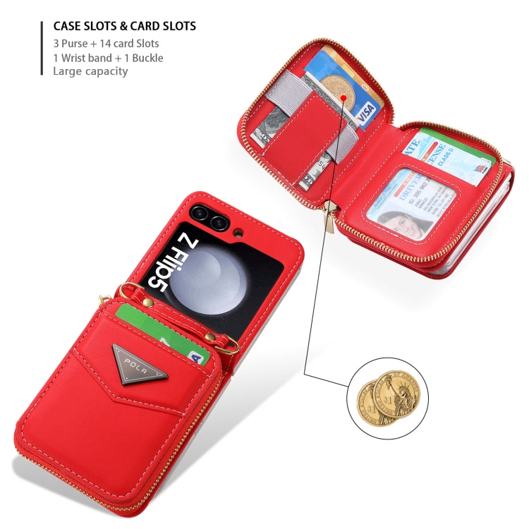 For Samsung Galaxy Z Flip5 POLA Multi-Card Slots Zipper Wallet Phone Case(Red)