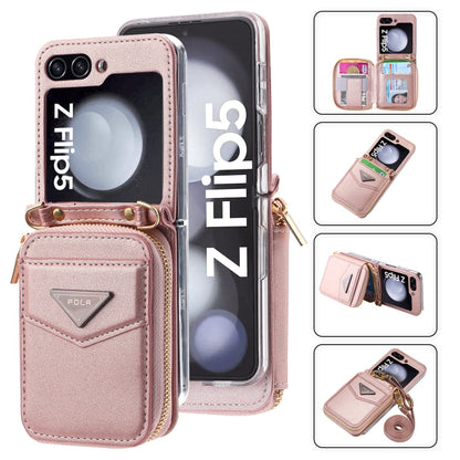 For Samsung Galaxy Z Flip5 POLA Multi-Card Slots Zipper Wallet Phone Case(Pink)