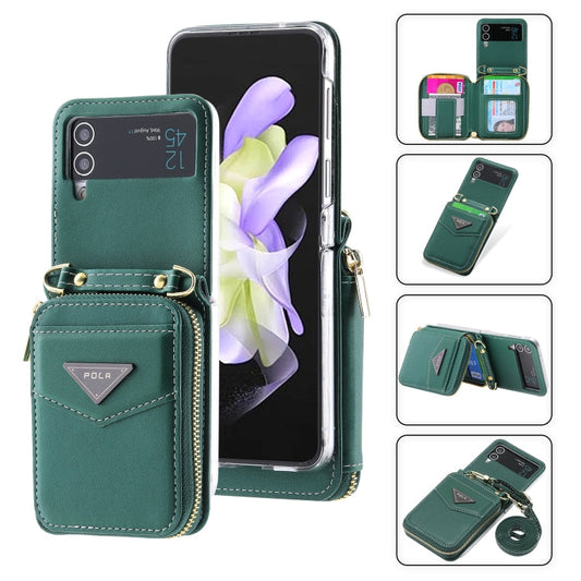 For Samsung Galaxy Z Flip3 5G POLA Multi-Card Slots Zipper Wallet Phone Case(Green)