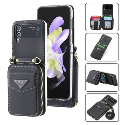 Pour Samsung Galaxy Z Flip3 5G POLA Étui portefeuille zippé avec fentes multi-cartes (noir)