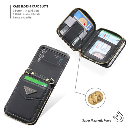 Pour Samsung Galaxy Z Flip3 5G POLA Étui portefeuille zippé avec fentes multi-cartes (noir)