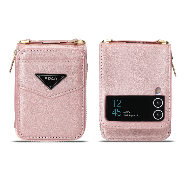 Pour Samsung Galaxy Z Flip3 5G POLA Étui portefeuille zippé avec emplacements pour cartes multiples (rose)