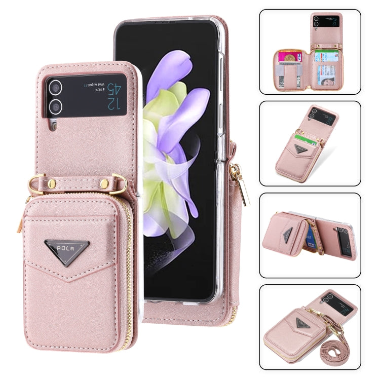 Pour Samsung Galaxy Z Flip3 5G POLA Étui portefeuille zippé avec emplacements pour cartes multiples (rose)