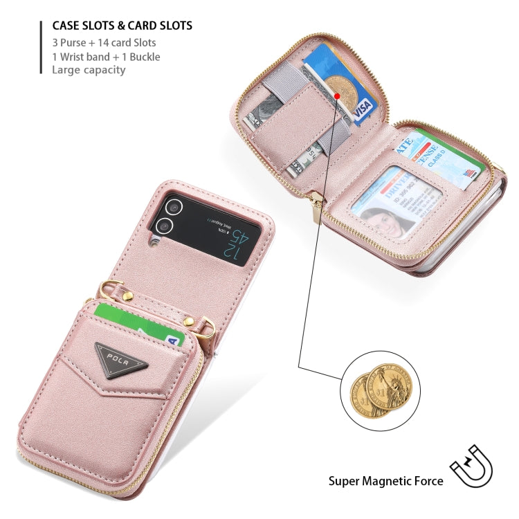 Pour Samsung Galaxy Z Flip3 5G POLA Étui portefeuille zippé avec emplacements pour cartes multiples (rose)