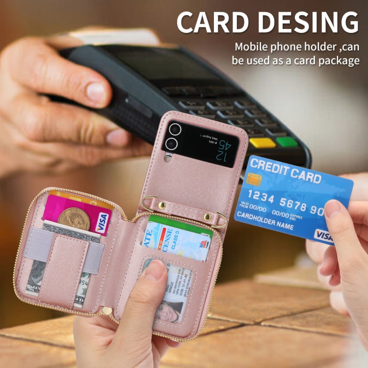 Pour Samsung Galaxy Z Flip3 5G POLA Étui portefeuille zippé avec emplacements pour cartes multiples (rose)