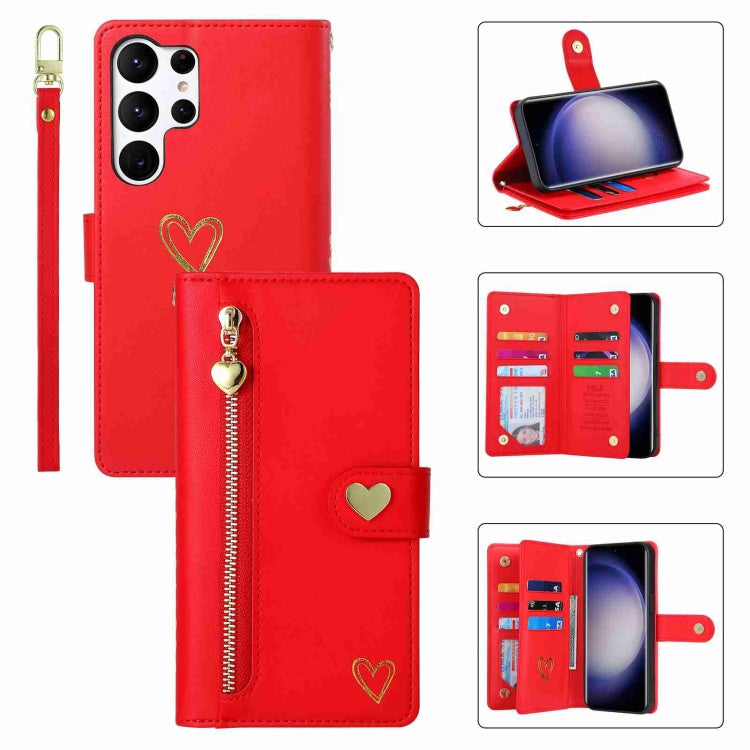 Pour Samsung Galaxy S23 Ultra 5G POLA Housse de téléphone en cuir avec portefeuille à fermeture éclair et plusieurs emplacements pour cartes (Rouge)