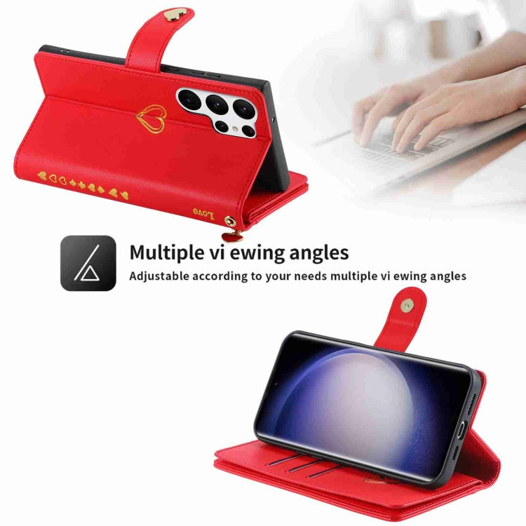 Pour Samsung Galaxy S23 Ultra 5G POLA Housse de téléphone en cuir avec portefeuille à fermeture éclair et plusieurs emplacements pour cartes (Rouge)
