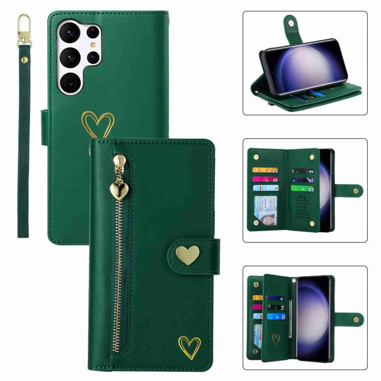 Pour Samsung Galaxy S23 Ultra 5G POLA Étui portefeuille en cuir avec fermeture éclair et plusieurs emplacements pour cartes (vert foncé)