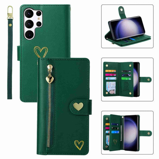 For Samsung Galaxy S23 Ultra 5G POLA Love Multi-Card Slots Zipper Wallet Leather Phone Case(Dark Green)