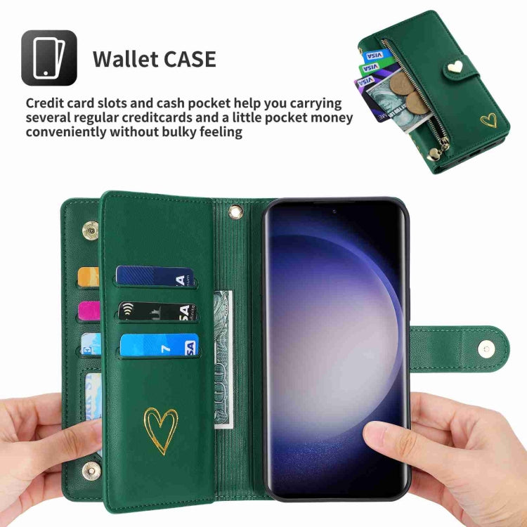 Pour Samsung Galaxy S23 Ultra 5G POLA Étui portefeuille en cuir avec fermeture éclair et plusieurs emplacements pour cartes (vert foncé)