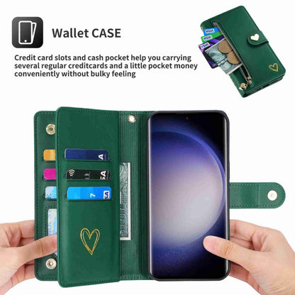 Pour Samsung Galaxy S23 Ultra 5G POLA Étui portefeuille en cuir avec fermeture éclair et plusieurs emplacements pour cartes (vert foncé)