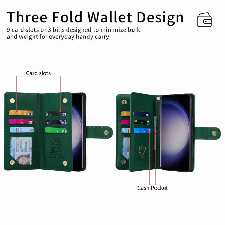 Pour Samsung Galaxy S23 Ultra 5G POLA Étui portefeuille en cuir avec fermeture éclair et plusieurs emplacements pour cartes (vert foncé)