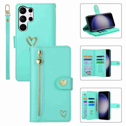 Pour l'étui de téléphone en cuir avec fermeture éclair et plusieurs fentes pour cartes POLA Love pour Samsung Galaxy S23 Ultra 5G (vert clair)