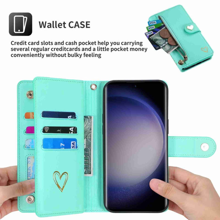 Pour l'étui de téléphone en cuir avec fermeture éclair et plusieurs fentes pour cartes POLA Love pour Samsung Galaxy S23 Ultra 5G (vert clair)