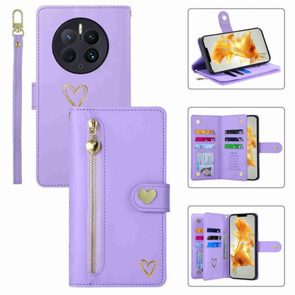 For Huawei Mate 50 Pro POLA Love Multi-Card Slots Zipper Wallet Leather Phone Case(Purple)