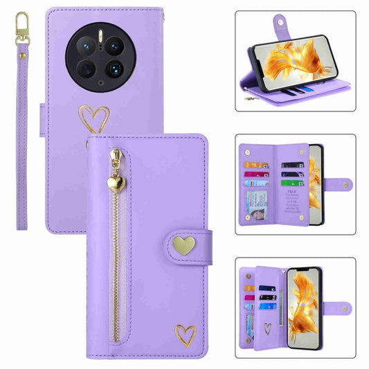 For Huawei Mate 50 Pro POLA Love Multi-Card Slots Zipper Wallet Leather Phone Case(Purple)