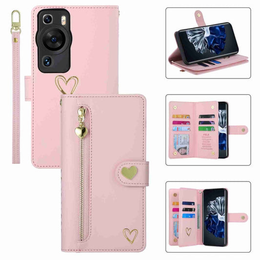Pour Huawei P60 Pro POLA Love Étui portefeuille en cuir avec fermeture éclair et fentes pour cartes multiples (Rose)